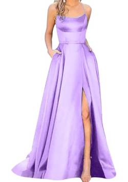 EFOFEI Damen Satin Ballkleid Lang mit Taschen Elegantes Rückenfreies A Line Satin Kleid A-Line Schlitz Formelles Partykleid Hell Lila XL von EFOFEI