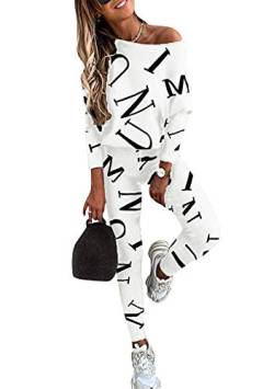 EFOFEI Damen Schlafanzug Lang Pyjama Set 2 Teiliger Trainingsanzug Drucken Sportanzug Trainingsanzug Mode Lange Hosen Kordelzug Tasche 2 Stück Weiß XXL von EFOFEI