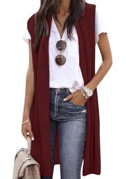 EFOFEI Damen Schlichte Blazer Weste Einfarbige Lässige Strickjacke Long Floaty Duster Top Mit Kragen Burgund XL von EFOFEI