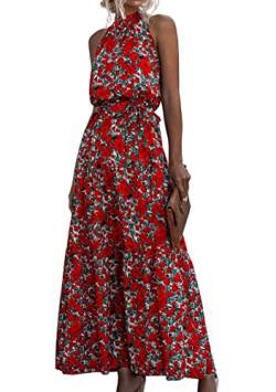 EFOFEI Damen Sexy Lässiges Date Kleid Business Casual Kleid Langes Sonnenkleid Mit Gürtel Boho Floral Fließendes Kleid Blume Rot XS von EFOFEI