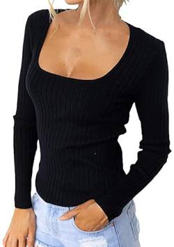 EFOFEI Damen Sexy Rippenstrick Crop Tops Rund Halsausschnitt Strickwaren Slim Fitted Langarm Solid Skinny Casual Pullover Schwarz M von EFOFEI