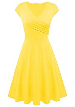EFOFEI Damen Sommerkleid Patchwork Warp Kurzarm Swing Rockability Vinatge Abendkleid Gelb L von EFOFEI