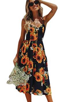 EFOFEI Damen Spaghettiträger Freitzeitkleid Einfaches gestreiftes Kleid Party Casual Kleid Elegant Vintage Cocktailkleid Sonnenblume M von EFOFEI