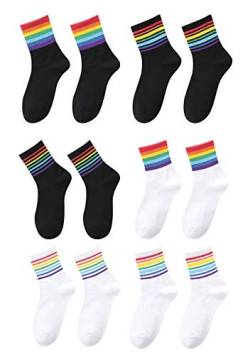 EFOFEI Damen Süße Regenbogen Farbblock Socken Personalisierte Gestreifte Trendige Socken Trendfarbene Gestreifte Baumwollsocken Schwarz und Weiß Kombination 6 Paare von EFOFEI