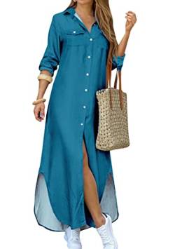 EFOFEI Damen T Shirt Kleid In Übergröße Lockeres Kleid Mit Langen Ärmeln Button Down Kleid Pfauenblau L von EFOFEI