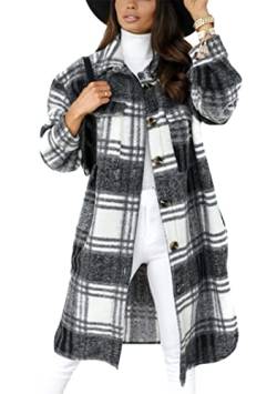 EFOFEI Damen Tartan Wintermantel Klassisch Langes Kariertes Hemd Tweed Lange Jacken Vintage Kariertes Hemd Baggy Revers Knopfleisten Dunkelgrau S von EFOFEI