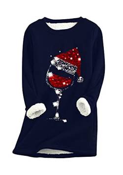EFOFEI Damen Top mit Weihnachtsmützenmuster Lässiges Armes Oberteil Gefüttert Pullover mit Flauschigem Top Navy blau M von EFOFEI