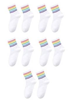 EFOFEI Damen Trendfarbene Gestreifte Baumwollsocken Personalisierte Gestreifte Trendige Socken Süße Regenbogen Farbblock Socken Weißer Nadelstreifen 5 Paare von EFOFEI