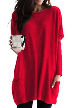 EFOFEI Damen Übergroßer Pullover Mit Lockerer Passform Vielseitiges Bequemes Unterhemd Lässige Tops Mit Taschen Rot XL von EFOFEI