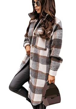 EFOFEI Damen Umlegekragen Tops Holzfäller Trenchcoat Langer Karierter Mantel Tartan Wintermantel Winter Lange Jacke Grau L von EFOFEI