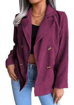 EFOFEI Damen Warme Lange Anzug Strickjacke Retro Vintage Cord Blazer Slim Fit Langer Blazer Violett Rot M von EFOFEI