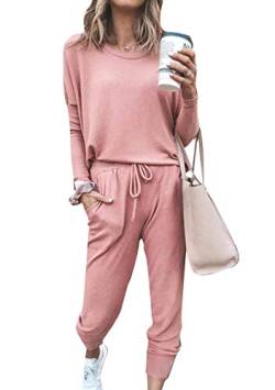 EFOFEI Damen Weich Lounge Pyjama Set Damen Baumwolle Pyjama Lose Freizeitanzug Rosa M von EFOFEI