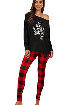 EFOFEI Damen Weihnachten Frauen Zweiteilige Pyjamas Set Weihnachtspyjamas Eingestellt Mutter Langarm Baumwolle Tops Und Hosen Nachtwäsche Schwarz 4XL von EFOFEI