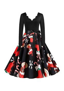 EFOFEI Damen Weihnachten Kleider Langarm Weihnachtskleid Hepburn Cocktailkleid Druck Partykleid A-Linie Swing Kleid Schwarz 3XL von EFOFEI