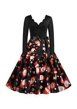 EFOFEI Damen Weihnachten Kleider Langarm Weihnachtskleid Vintage Hepburn Cocktailkleid Weihnachten Druck Partykleid A-Linie Swing Kleid Dress Schwarz XL von EFOFEI