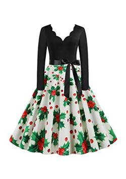 EFOFEI Damen Weihnachten Kleider Langarm Weihnachtskleid Vintage Hepburn Cocktailkleid Weihnachten Druck Partykleid A-Linie Swing Kleid Dress Weiß XL von EFOFEI