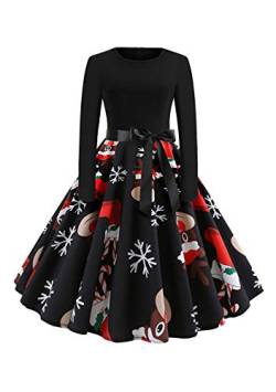 EFOFEI Damen Weihnachten Langarm Abendkleider Retro Schwingen Kleid Faltenrock Gothic Cocktail Druck Kleid Blumenspitze A-Line Elegantes Kleid Schwarz XXL von EFOFEI