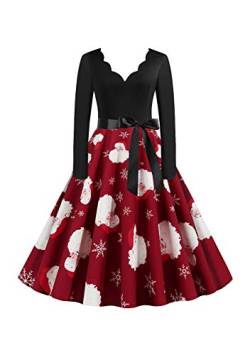 EFOFEI Damen Weihnachtskleider Geschenk Vintage Christmas Print Langarm Oansatz Abend Party Swing Kleid Club Karneval Kostüme Dress Kleid rot S von EFOFEI