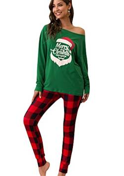 EFOFEI Damen Weihnachtspyjamas Set Weihnachtsmänner Und Damen Langarm Gestreifte Pyjamas Set Pyjamas Weiche Damen Freizeitanzüge Grün XXL von EFOFEI