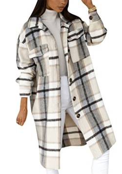 EFOFEI Damen Winter Lange Jacke Tartan Wintermantel Lässiges Outfit mit Taschen Oversize Herbst Outwear Langarmbluse Apricot XL von EFOFEI