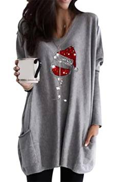 EFOFEI Damen Winter Weihnachten Sweater Mit Rundhalsausschnitt Cartoon Drucken Oberteil Vintage Langarm Kostüm Weinglas Hellgrau XXL von EFOFEI