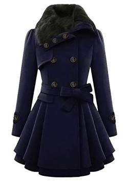 EFOFEI Damen Wintermantel Wollmantel mit Faux Pelz Kragen Parka Herbstjacke Elegant Zweireihiger Trenchcoat Lang Mantel Übergangsjacke Dufflecoat Outwear mit Gürtel Blau S von EFOFEI