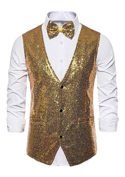 EFOFEI Herren Bowtie 2 Stück Nachtclub Westen ärmellos Prom Weste mit Fliege Stage Performance Paillettenweste Gold L von EFOFEI