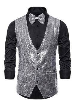 EFOFEI Herren Klassische Hochzeit Party Abschlussball Weste Business Pure Color Glänzende Weste Glänzende Pailletten Anzug Weste Silber XL von EFOFEI