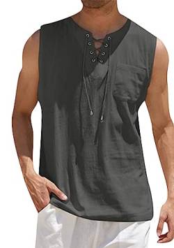 EFOFEI Herren Kordelzug Sommer Top mit Tasche Lace Up Baumwolle Leinen Tank Tops Baumwolle Leinen Tank Top Shirts Dunkelgrau 5XL von EFOFEI