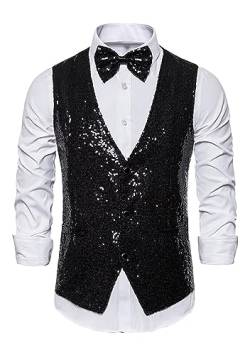 EFOFEI Herren Mode Glänzend Notch Revers Weste Pailletten Slim Fit Weste Party Hochzeit Bankett Prom Weste Schwarz XL von EFOFEI