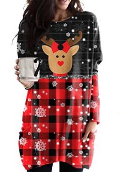 EFOFEI Lady's Christmas Holiday Sweatshirts Kleid Damen Langarm Sweatshirt Pullover Kostüm mit Seitentasche Langer Saum Partybluse Elch Schwarz Rot S von EFOFEI