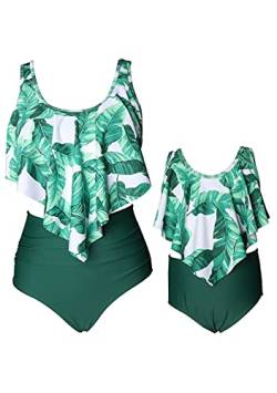 EFOFEI Mädchen Badeanzug Schwimmanzug Neckholder Off Schulter Tops + hohe Taille unten Mutter und Tochter passende Badeanzug-Set Grünes Blatt 5-6 Jahre von EFOFEI