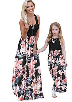 EFOFEI Mother Daughter Matching Dress Familiekleidung Partykleid Strandkleid Freizeit Kleider Frühling Schwarze Blumen XL von EFOFEI