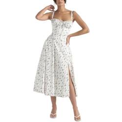 Frauen Floral Korsett Kleid, Boho Sommer Spaghettiträger Quadratischer Ausschnitt Casual Midi Kleid Flowy Schlitz Bustier Kleider, Weiß+grün Floral, Groß von EFOGEP