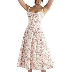 Frauen Floral Korsett Kleid, Boho Sommer Spaghettiträger Quadratischer Ausschnitt Casual Midi Kleid Flowy Schlitz Bustier Kleider, Weiß+rosa Blumen, Mittel von EFOGEP
