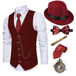 EFORLED 1920er Jahre Herren Kostüm Fedora Hut, Gatsby Gangster Weste, Vintage Taschenuhr, vorgebundene Fliege, Krawatte, Cbdvest-mmbdhat, M von EFORLED