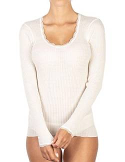 EGI Damen-Shirt mit langen Ärmeln, Mikro-Wolle, gerippt, Ausschnitt und Ärmelbündchen aus Spitze, Weiß L-XL von EGI