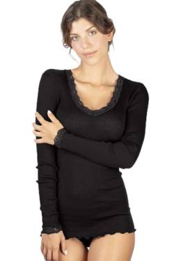 EGI Damen-Shirt mit langen Ärmeln, Wolle und Seide, gerippt mit Spitze, Schwarz , Medium von EGI