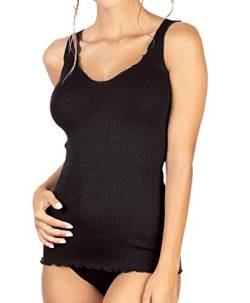 EGI Tanktop für Damen, gerippt, breit, 85 % Wolle und 15 % Seide mit Plissé-Rand (XL, Schwarz), Schwarz , L/XL von EGI