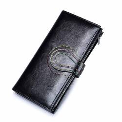 EGLOW Leder-Geldbörsen für Damen für täglichen Tragen, großes Fassungsvermögen, Kreditkartenetui, Damen-Reise-Clutch, Bifold-Geldbörse aus Ölwachs mit Reißverschlusstasche (Color : Black) von EGLOW