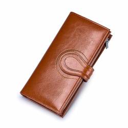 EGLOW Leder-Geldbörsen für Damen für täglichen Tragen, großes Fassungsvermögen, Kreditkartenetui, Damen-Reise-Clutch, Bifold-Geldbörse aus Ölwachs mit Reißverschlusstasche (Color : Brown) von EGLOW