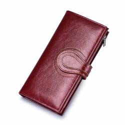EGLOW Leder-Geldbörsen für Damen für täglichen Tragen, großes Fassungsvermögen, Kreditkartenetui, Damen-Reise-Clutch, Bifold-Geldbörse aus Ölwachs mit Reißverschlusstasche (Color : Red) von EGLOW
