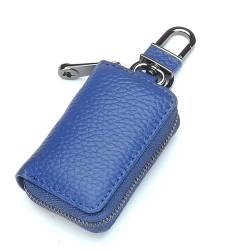 EGLOW Tragbares Leder-Autoschlüsseletui, weiches Echtleder-Auto-Schlüsselanhänger, Schlüsselanhänger-Halter, Metallhaken und Schlüsselring-Reißverschlusstasche für Fernbedienung (Color : Blue) von EGLOW