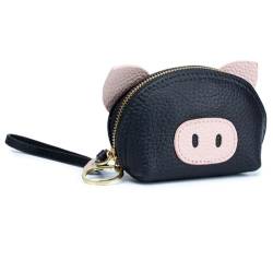 Mini-Wechseltasche für Damen, süßes Schweinchen-Geldbörse, alltägliches Tragen, Leder-Geldbörse, kleine Geldbörse mit Schlüsselring für Frauen und Mädchen, Muttertagsgeschenk (Color : Black) von EGLOW