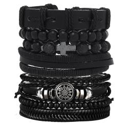 EGOINA Leder Armband für Herren Punk Leder 8-10 Stücke Geflochtene Manschette Armband Holzperlen Totenkopf Metall Lederarmband von EGOINA