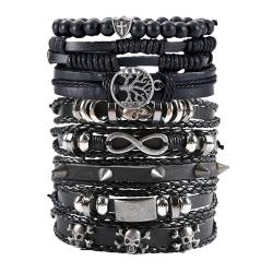 EGOINA Punk Leder Armband für Herren Damen Leder 7-9 PCS geflochtene Manschette Armband Baum des Lebens Multilayer Lederarmband，Kreuz Schädel Unendlichkeit und Baum des Lebens von EGOINA