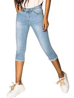 EGOMAXX Damen Capri Jeans Shorts Stretch Skinny 3/4 Bermuda Kurze 5 Pocket Hose Weich Denim Casual, Farben:Hellblau, Größe:44 von EGOMAXX