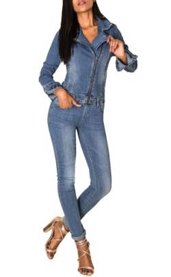 EGOMAXX Damen Jeans Anzug Overall Biker Jumpsuit Hosenanzug Einteiler Asymmetrisch, Farben:Blau, Größe:42 von EGOMAXX