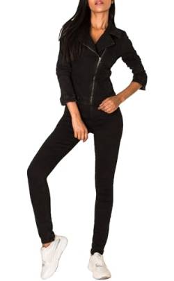 EGOMAXX Damen Jeans Anzug Overall Biker Jumpsuit Hosenanzug Einteiler Asymmetrisch, Farben:Schwarz, Größe:44 von EGOMAXX