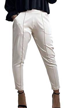 EGOMAXX Damen Poptrash Pants lockere Silk Design Treggings Hose Glänzend Seiden Look Stretch Bund, Farben:Beige, Größe:L-XL von EGOMAXX